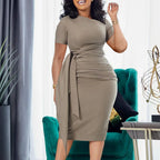 Pleated Band Collar Short Sleeve Pure Color Work Dress