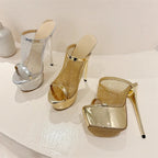 Mesh Fabric Sexy Women Slippers with Platform Peep Toe Nightclub Stiletto High Heels