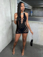 Ribbed Mesh Halter Lace Up Side Cut Out Bodycon Mini Dress