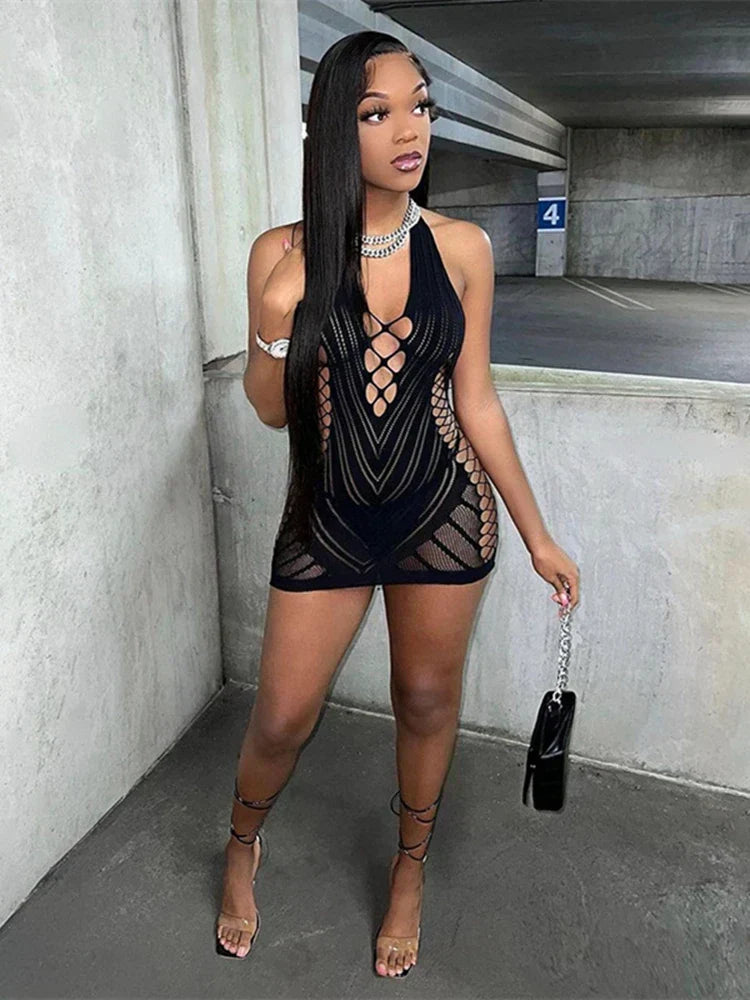 Ribbed Mesh Halter Lace Up Side Cut Out Bodycon Mini Dress