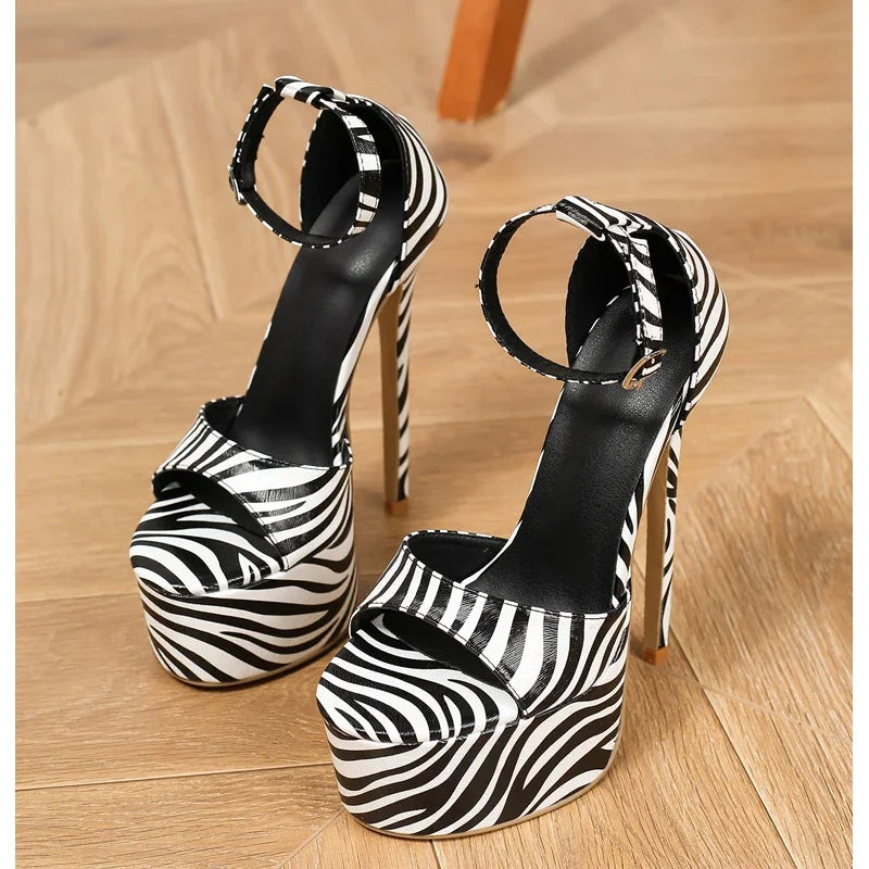 Zebra Stripe Open Toe Platform Sandals with Ultra High Heels