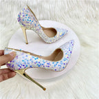 White Pointy Toe High Heel Shoes with Bling Sequins for Women