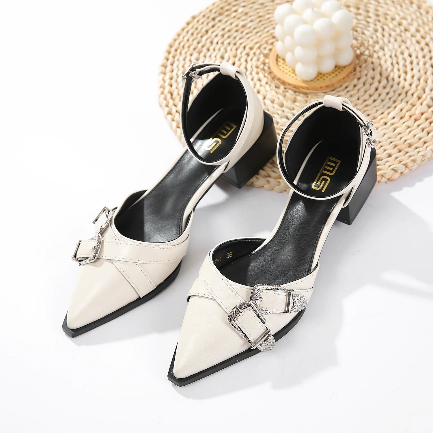 Women's Rhinestone Pointed Shallow Low-Heeled Sandals with Belt Buckle