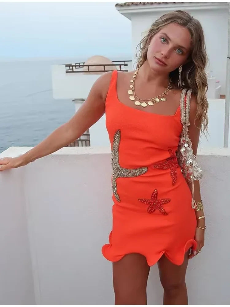 Starfish Applique Scalloped Hem Spaghetti Strap Bodycon Mini Dress