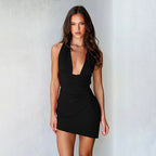 Halter Neck Deep V-Neck Sleeveless Bodycon Mini Dress