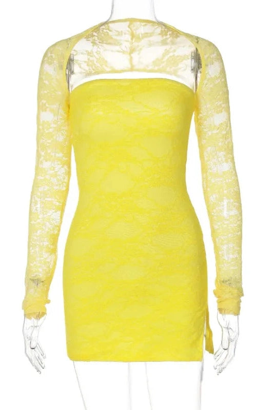 High Waist Lace See-Through Long Sleeve Patchwork Mini Dress