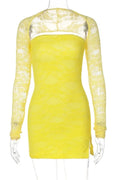 High Waist Lace See-Through Long Sleeve Patchwork Mini Dress