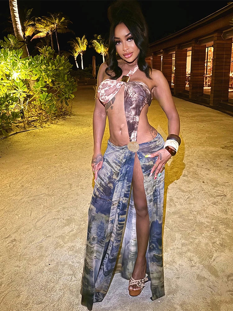 Asymmetrical Scarf Tie One Shoulder Crop Top and Printed High Split Maxi Skirt Set