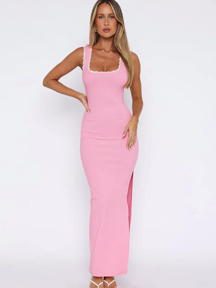 Ribbed Lace Trim Scoop Neck Bodycon Sleeveless Maxi Dress