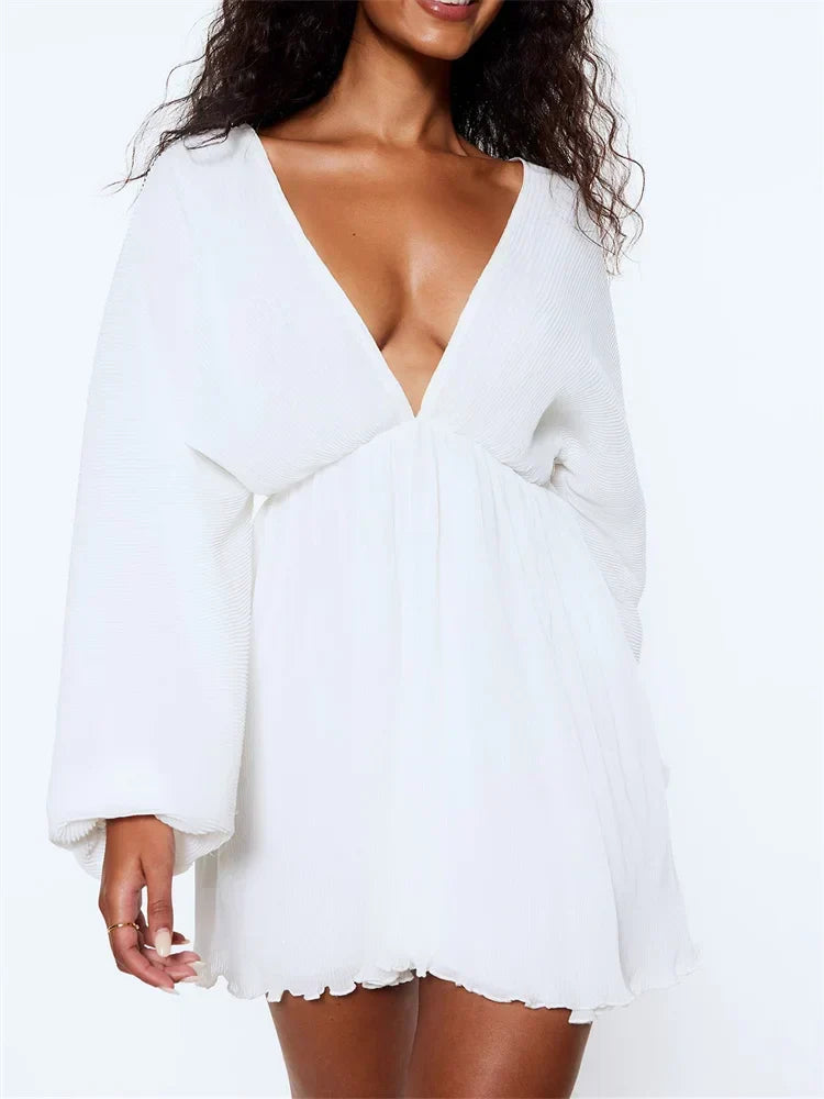 Plissé Deep V-Neck Bell Sleeve Empire Waist Mini Dress