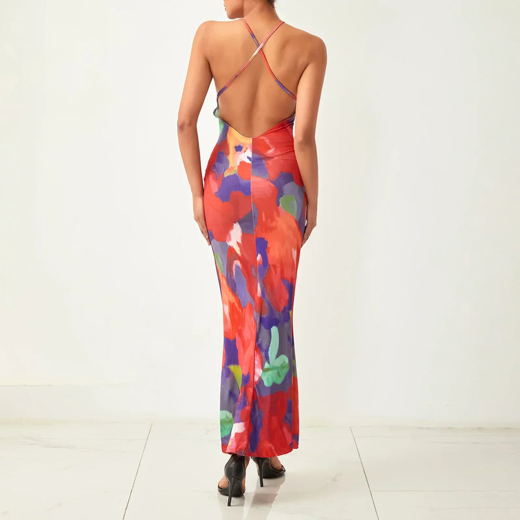 Lace Halter Neck Abstract Floral Print Bodycon Maxi Dress