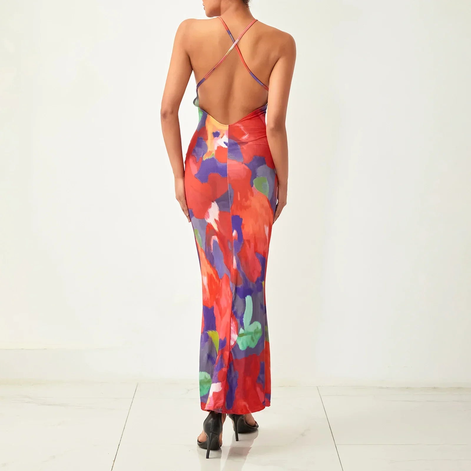 Lace Halter Neck Abstract Floral Print Bodycon Maxi Dress