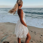 Floral Lace Embroidery Deep V-Neck Crochet Trim Spaghetti Strap A-Line Mini Dress
