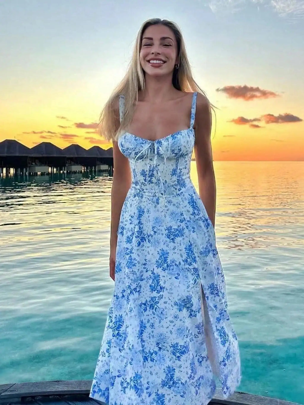 Sweetheart Tie Front Corset Bodice High Slit Toile Floral Midi Dress
