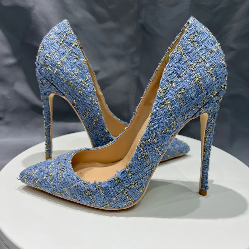 Navy Blue Plaid Pointy Toe High Heel Stiletto Pumps for Women