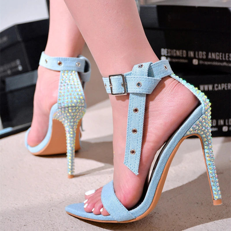 Crystal Rhinestone Thin High Heels Sandals for Women - Summer Fashion
