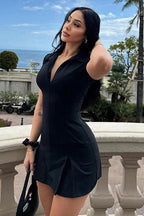 Pleated Short Sleeves Zipper A-Line Mini Dress