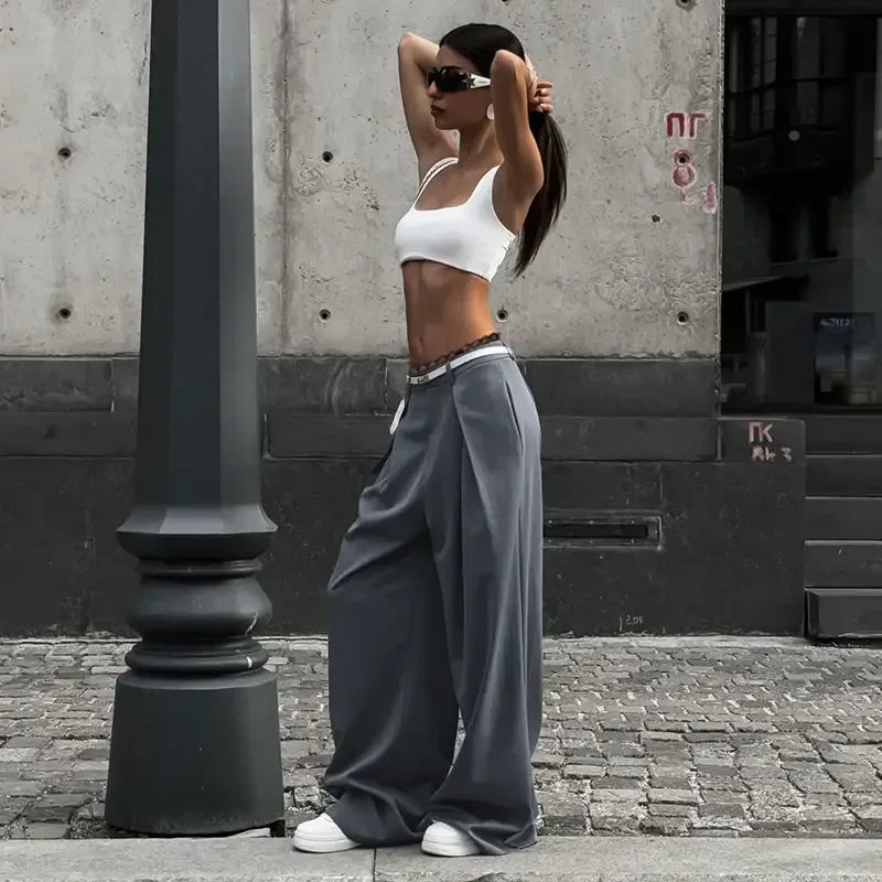 TAVIMART  - Y2K Lace Patchwork Waist Pants Women Baggy Casual Korean Oversize Office Trousers