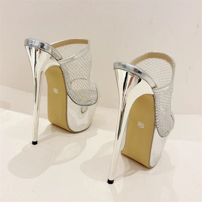 Mesh Fabric Sexy Women Slippers with Platform Peep Toe Nightclub Stiletto High Heels