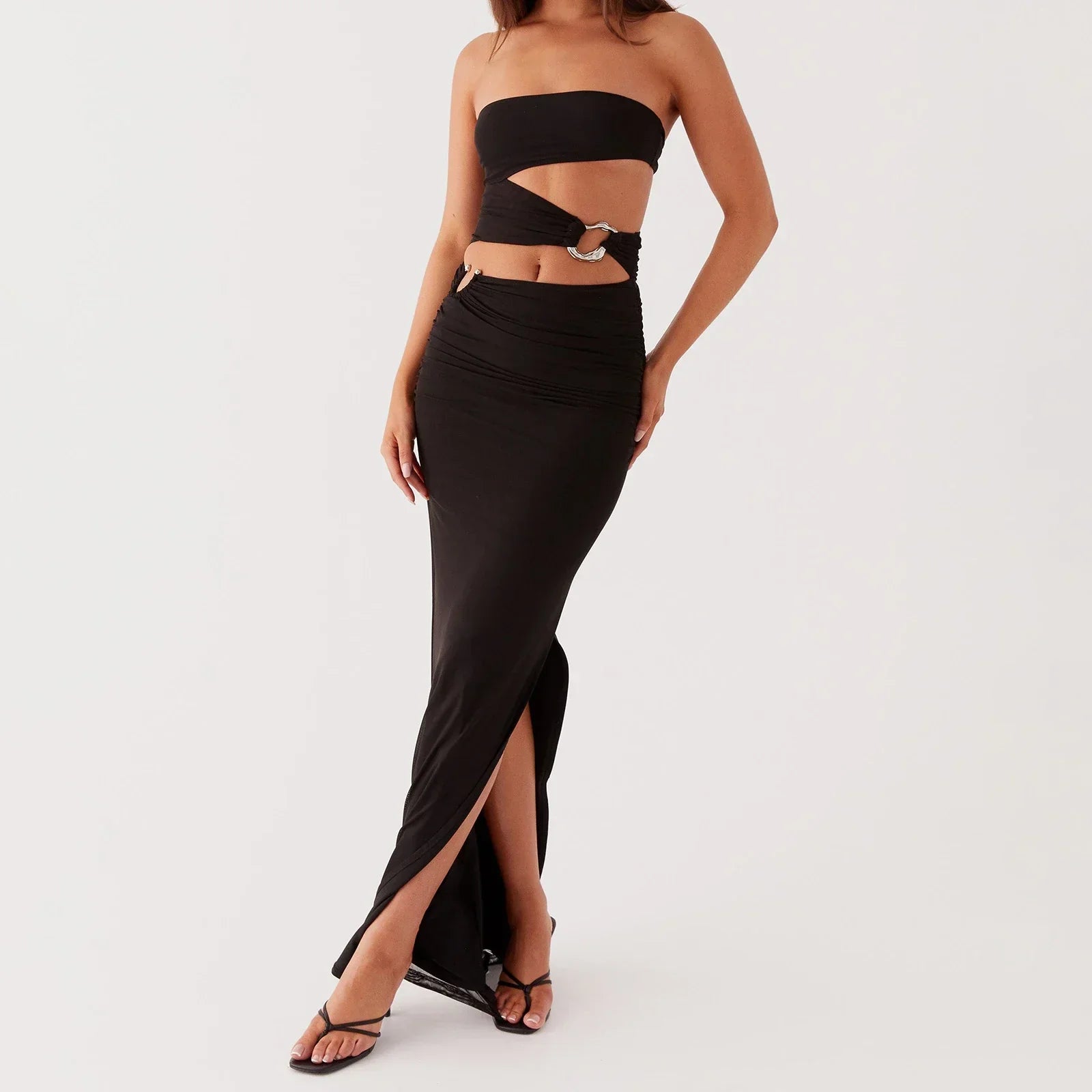Strapless Ring Waist Cutout Ruched Hip High Slit Maxi Dress