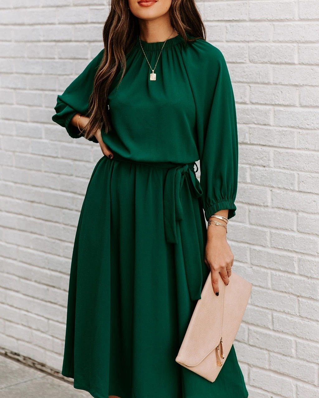 Gathered Mock Neck Lantern Sleeve Tie Waist A-Line Midi Dress