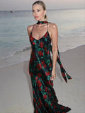 Floral Print Satin Spaghetti Strap Deep V-Neck Scarf Tie Slip Maxi Dress