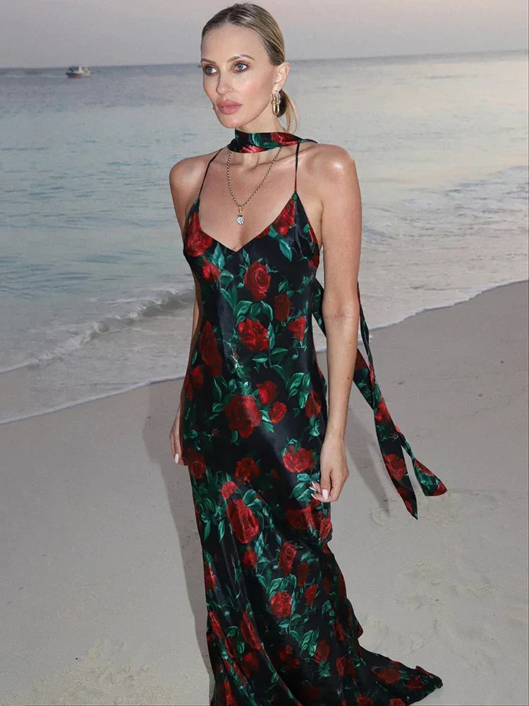 Floral Print Satin Spaghetti Strap Deep V-Neck Scarf Tie Slip Maxi Dress