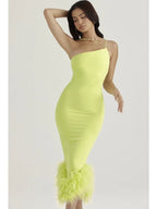 One Shoulder Spaghetti Strap Feather Trim Hem Bodycon Midi Dress