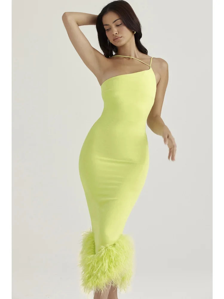 One Shoulder Spaghetti Strap Feather Trim Hem Bodycon Midi Dress