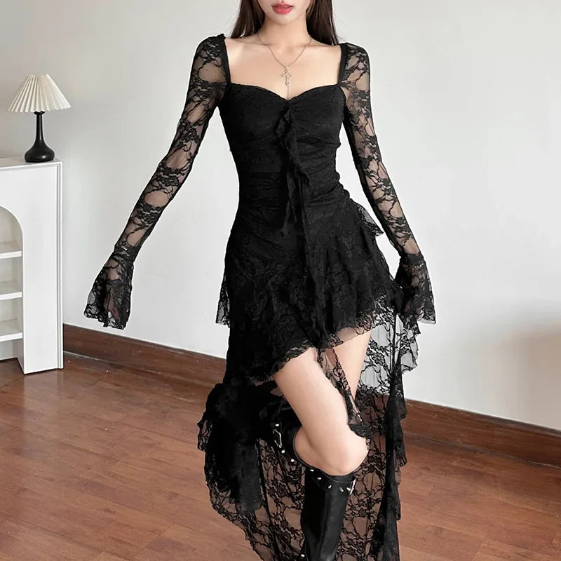 Lace Sweetheart Ruched Bodice Bell Sleeve High Low Asymmetrical Hem Dress