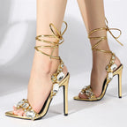 Gold Ankle Strap Sandals for Women Nightclub Party Stripper Heels