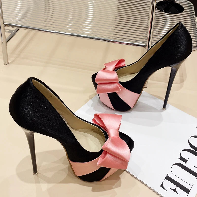 Butterfly-knot Platform Pumps Women Ultra High Stiletto Heels