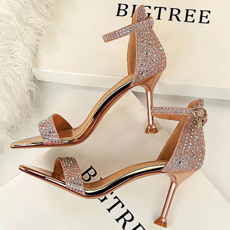 Rhinestone High Heels Kitten Heels Party Shoes Open Toe Women Pumps