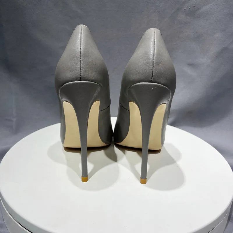 Grey Leather Soft Female Stiletto High Heel Shoes 10Cm Pointy Toe