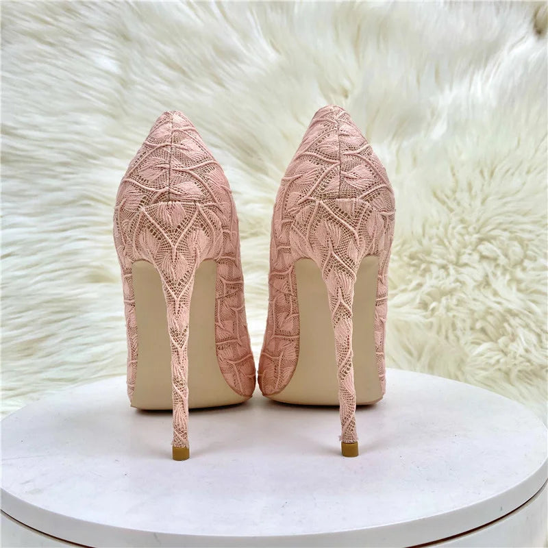 Pink Lace Fabric Pointy Toe High Heel Wedding Bridemaids Shoes