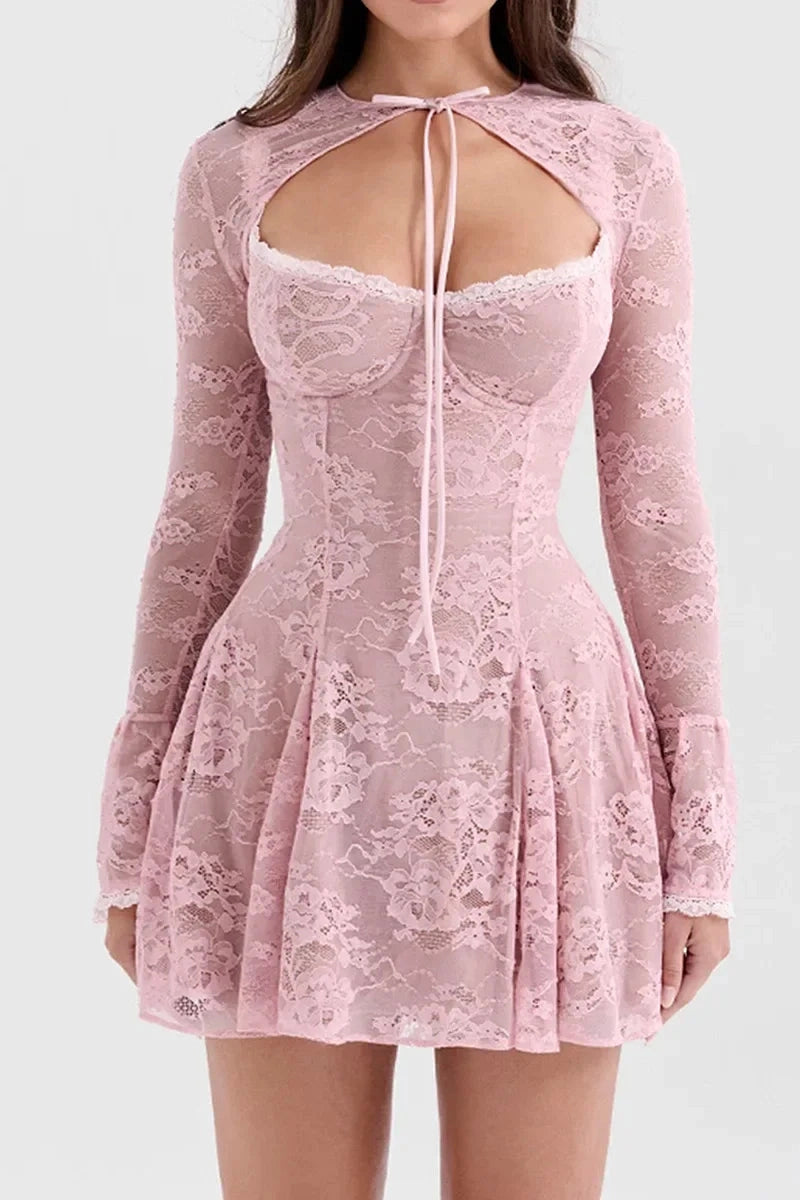 A-Line Mini Dress with O-Neck, High Waist, Long Sleeves, and Lace-Up Detail