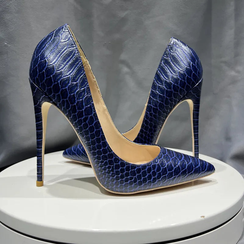 Navy Blue Croc-Effect Pointed Toe High Heel Shoes for Women