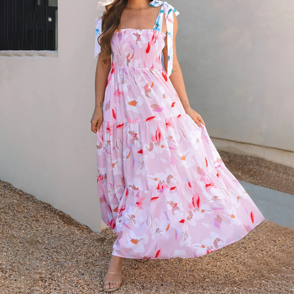 Smocked Square Neck Tie Strap Tiered Floral Maxi Dress