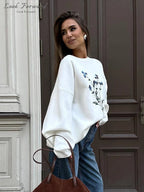 Embroidery Pullover Women Loose Autumn Winter O-neck Flower Sweater Female Long Sleeve Soft Casual Knitwears Lady All-match