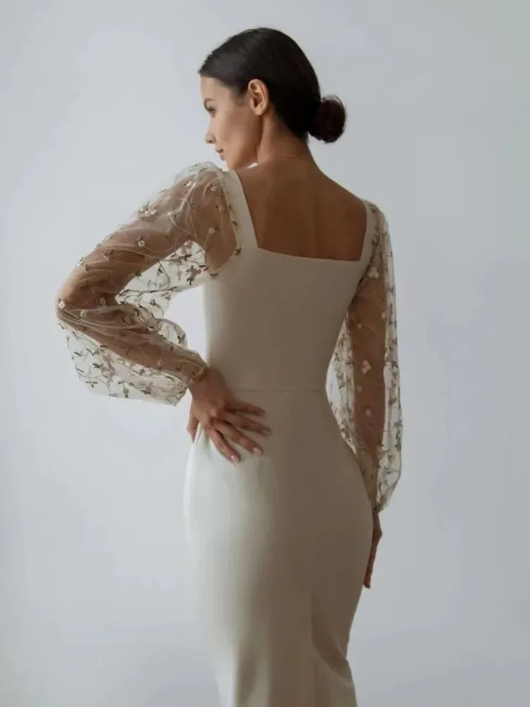 Aurora Aesthetic Evening and Party Dress with Square Neckline and Long Sleeves Statement Occasion Edit