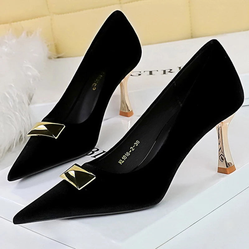 Kitten Heel Pointed Metal Buckle Pumps for Women with Metal Heel