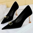 Kitten Heel Pointed Metal Buckle Pumps for Women with Metal Heel
