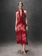 Floral Lace Halter Deep V-Neck Peplum Tiered Ruffle Midi Dress
