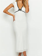 Deep V-Neck Contrast Trim Bow Empire Waist Sheer Cap Sleeve Maxi Dress