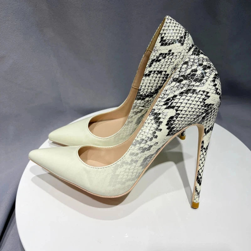 White Snakeskin Pointy Toe High Heel Stiletto Pumps for Women