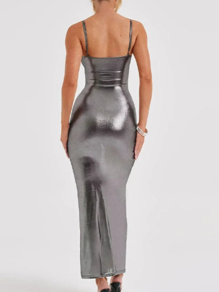 Metallic Scoop Neck Spaghetti Strap Bodycon Maxi Dress