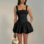 One Shoulder Ruffle Corset Bodice Bubble Hem Mini Dress