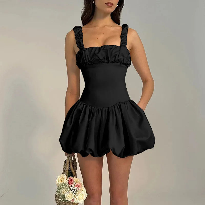 One Shoulder Ruffle Corset Bodice Bubble Hem Mini Dress