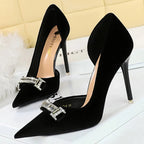 Suede Rhinestone Women Heels Spring Pumps Pointed High Heels