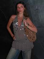 Sequin Disc Embellished Halter Deep V-Neck Tiered Ruffle Mini Dress